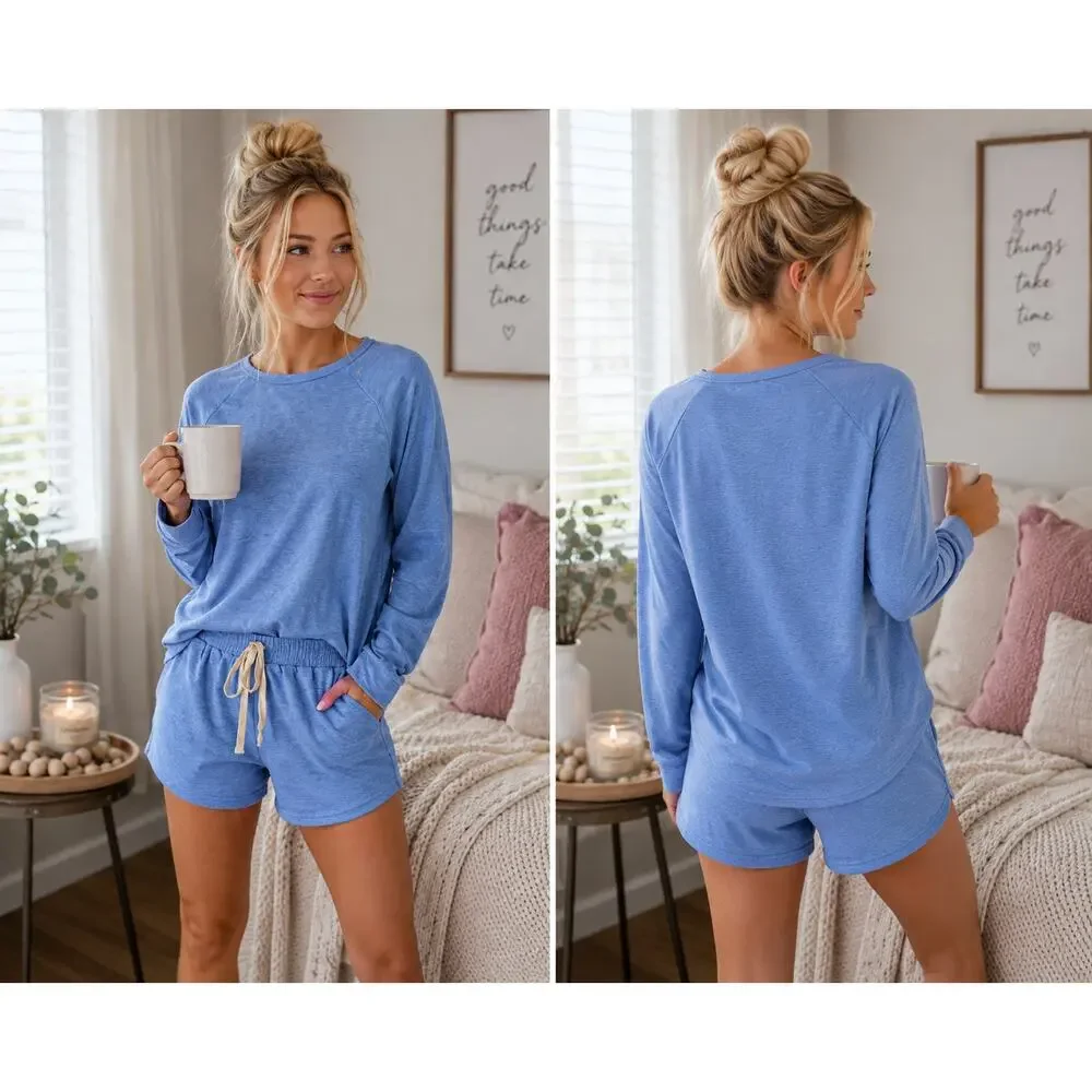 Women’s Blue 2 Piece Lounge Set Long Sleeve Top Drawstring Shorts Cozy